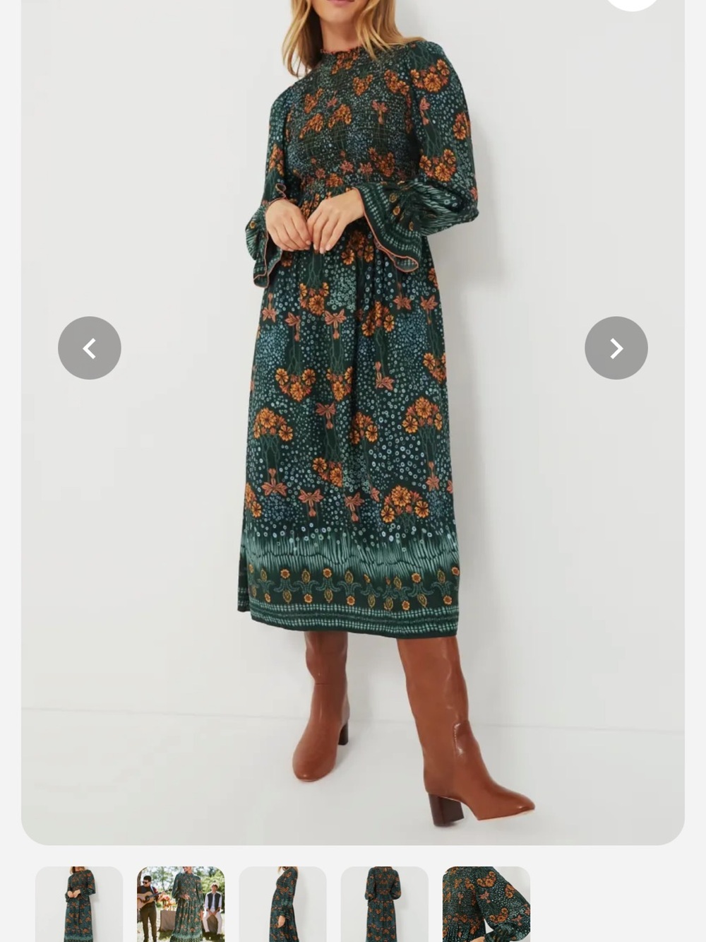 Tuckernuck Dark Green Floral Smocked Midi Dress with Rust Accents